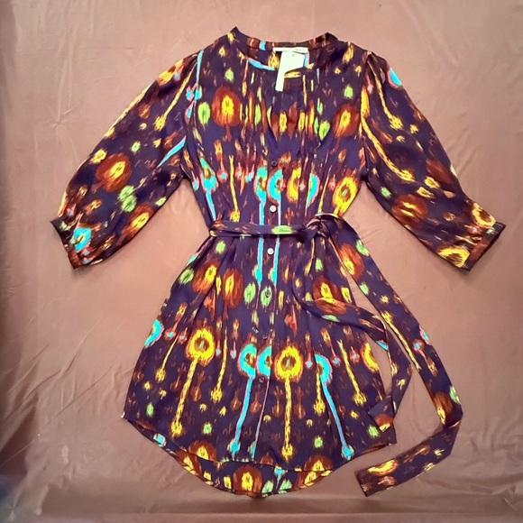 Aqua Purple and Yellow Long Sleeve Shirt Dress w/ Tie Waist Small - Picture 2 of 10